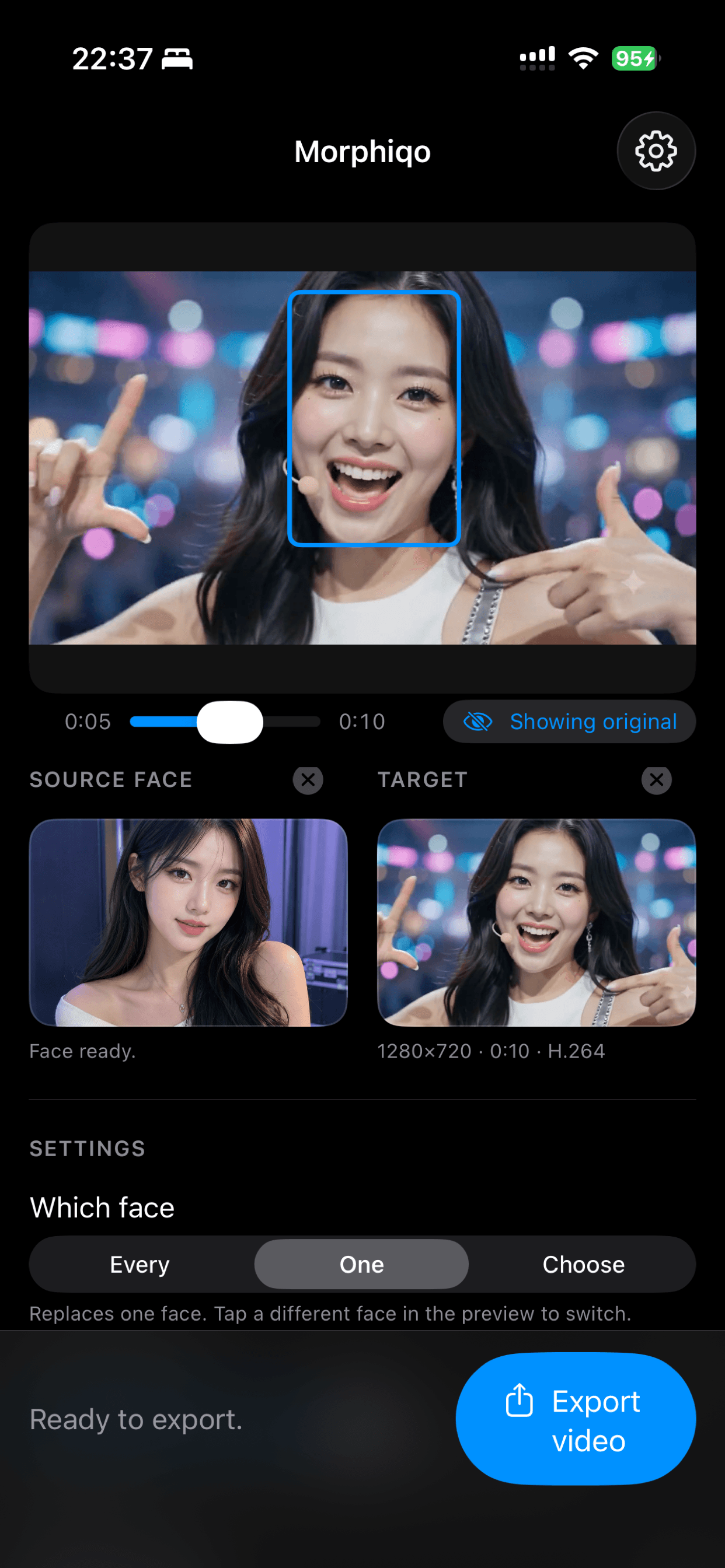 Morphiqo on iPhone with Source face, Target, a video timeline and Which face controls. The original frame is selected.